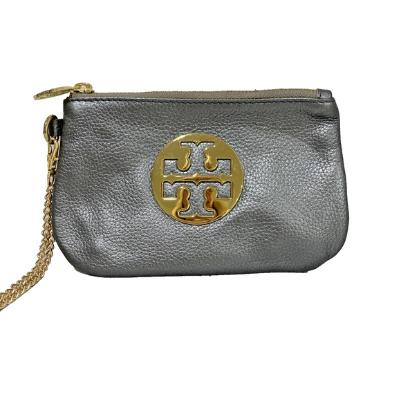 Tory Burch Silvery Gray Metallic Leather Wristlet Wallet Pouch Detachable Chain - Picture 1 of 8